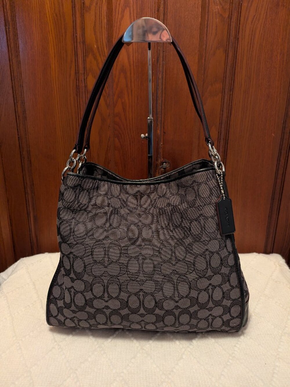 Coach Phoebe shoulder bag in smoke black signature outline jacquard canvas